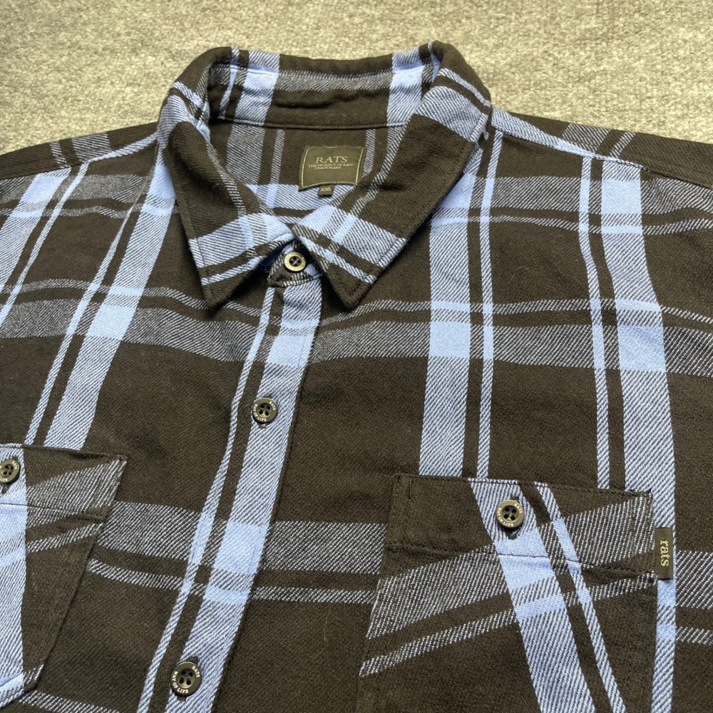RATS Darkside Initiative Flannel Shirt Mens XXL Black Blue Plaid Long Sleeve - Picture 2 of 6